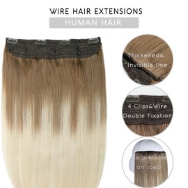 VINBAO 20 inch Wire Hair Extensions Human Hair Ombre Color 8 Ash Brown Fading to 60 Platinum Blonde Secret Wire Hair Invisible Fish Line Real Staight Hair Extensions 85g (wire#8T60-20inch)