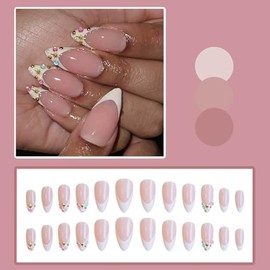 24 Uñas Postizas Francesas De Presión - Uñas Cortas Almendradas Con Diseño De Gema De Cristal Acrílico, Uñas Postizas Color Nude Para Mujer, Uñas Reut