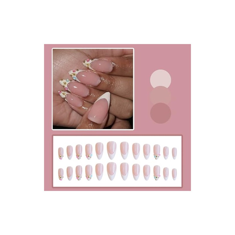 24 Uñas Postizas Francesas De Presión - Uñas Cortas Almendradas
