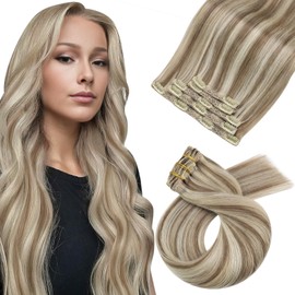 Moresoo Clip in Hair Extensions Real Human Hair Balayage Hair Extensions Clip in Light Brown with Platinum Blonde Human Hair 16 inch 5 Pcs/80G #9A/60