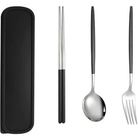 KALOLINNA Cutlery Set, Stainless Steel, Chopsticks, Spoon, Fork, 3-piece Set, with Case, Tableware Set, Lightweight, For Work or School Excursions, Portable, For Lunch Box, Camping (Black Silver)