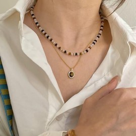 Beaded Layered Choker Necklace Set: Pendant Bead Charm Necklaces Gemstone Jewelry for Women (Golden, One size)