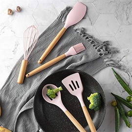 IMLUCKY 13 Piezas Utensilios de Cocina de Silicona con Mango de Madera - Juego de Utensilios de Cocina Soporte de PlsticoTurnerBatidorCucharaCepill...