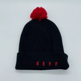 Neff Unisex Cuffed Winter Hat with Pom Warm Solid Black Red Neff Logo One Size