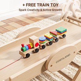 COSYLAND Pikler Triangle Set - 8 in 1 Montessori Climbing Toys for Toddlers 18M-3Y, Foldable Wooden Indoor Jungle Gym & Playground with Train Toy & Gift Box, Anti-Tip Design, ASTM Certified, Natural