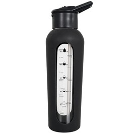 haelo 24oz Glass Motivational Water Bottle with Flip Lid Straw, Silicone Protective Sleeve, Handle, Reusable BPA Free (Black)
