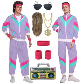 Miulruma 80s Costume Men Women 80s 90s Outfit with 80s Belt Bag 80s Accessory Retro Style Theme Party Costume Tracksuit Clothing Purple A043L