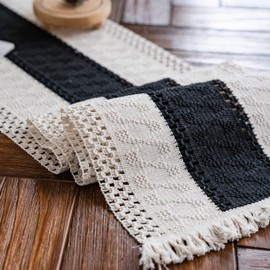 LOMOHOO Macrame Table Runner Farmhouse Natural Burlap Table Runner Cotton Lace Boho Beige Table Runner with Tassels for Bohemian Rustic Wedding Bridal Shower Home Dining Table Decor(Black,12"x108")