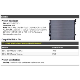Marketplace Auto Parts Radiator - with Transmission Oil Cooler - Compatible with 2016-2018 Toyota Tacoma 4WD RWD