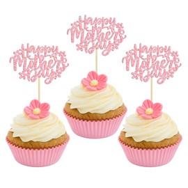 24 piezas de decoración para magdalenas para el día de la madre, diseño de flores con purpurina, decoración de tartas, decoración de cupcakes, para fiestas de cumpleaños de la madre, color rosa