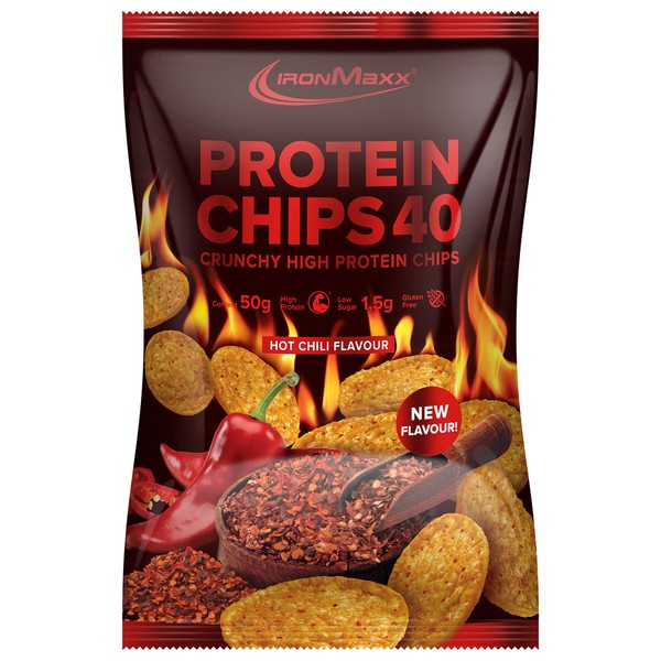 IronMaxx Protein Chips 40 - Hot Chili Flavor - 1 pack / 1x 50g - High protein, low carb, gluten-free, low in fat and reduced in sugar - 20g protein per bag - Designed in Germany