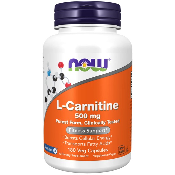 NOW Supplements, L-Carnitine 500mg, Purest Form, Amino Acid, Fitness Support*, 180 Veg Capsules