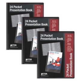 Better Office Products - Libro de presentación con 24 bolsillos encuadernados, paquete de 3, vista frontal transparente, capacidad de 48 páginas, portafolios de arte, cubiertas delanteras y traseras