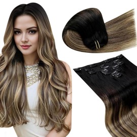 Hetto Clip-In Real Hair Extensions, Black, 120 g, 45 cm, 7 Pieces, Balayage Black to Dark Brown and Light Blonde, Straight, Remy, Full Head, Natural, Invisible Hair Extensions, #1b/4/27