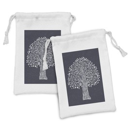 Lunarable Tree of Life Fabric Pouch Set of 2, Doodle Tree Illustration Oriental Harmonious Design Mother Nature, Small Drawstring Bag for Toiletries Masks and Favors, 9" x 6", Dark Grey White