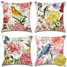OTOSTAR Pack of 4 Waterproof Outdoor Throw Pillow Covers 18x18 Inch Linen Flowers Bird Decorative Pillow Covers Square Cushion Case Garden Pillowcase for Patio Furniture Couch Tent (Flowers and Birds)