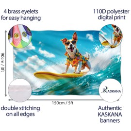 Surfing Dog Flag – Large Funny Flag – 110D Polyester – Double stitched – 4 brass grommets, large 90x150 cm (5 x 3 feet)