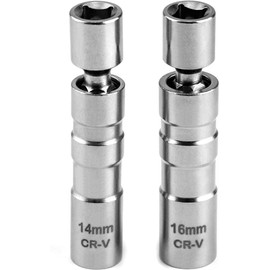 2Pcs Magnetic Swivel Spark Plug Socket Set 14mm & 16mm 3/8-Inch Drive Thin Wall CR-V Steel 12-Point Universal Joint Socket for Easy Spark Plug Removal and Engine Repair