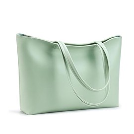 FATASH Large PU Leather Tote Bag for Women, Classic Shoulder Bag with Top Zipper and Small Interior Pocket, Handbag for Everyday Travel, Shopping, Work & College Use - Light Green