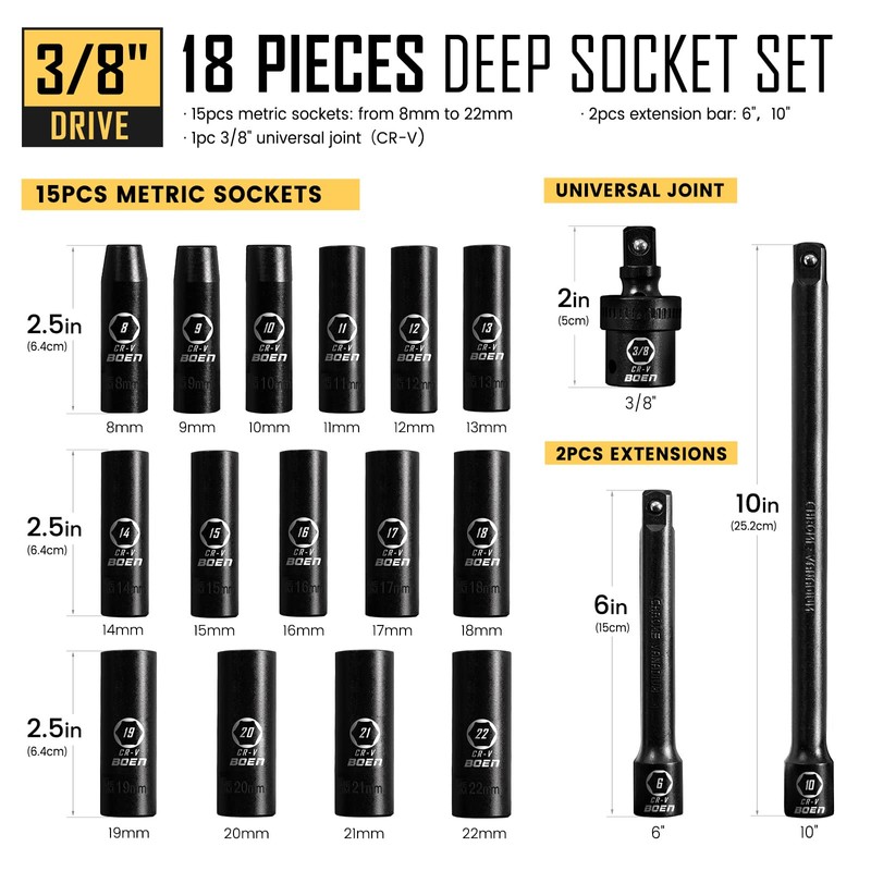 BOEN 3/8" Drive Deep Impact Socket Set, 18 Piece Metric