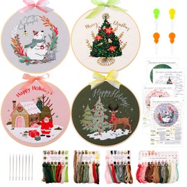 MAMUNU Embroidery Set Christmas, 4 Set Complete Range of Embossed Embroidery Sets, Cross Stitch Set with Christmas Pattern Instructions, 4 Pieces Embroidery Hoops and Colour Threads for Adults