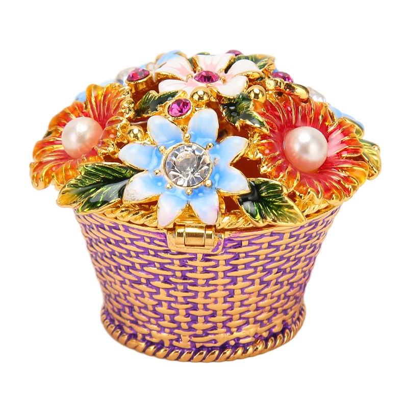 Flower Basket Jewelry Box Exquisite Vintage Hand Painted Metal Trinket
