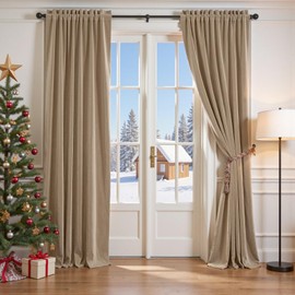 Lazzzy Velvet Curtain Beige Thermal Insulated Curtains 108 Inch Long Drapes for Bedroom Living Room Light Filtering Window Treatments Rod Pocket, Set of 2, Latte