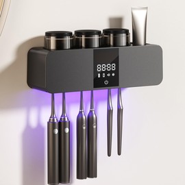 Zahnbürstenreiniger, Wandhalterung, Zahnbürstenhalter, Timer-Funktion, wiederaufladbar, kabellos, mit UV-Licht, Zahnpastaspender und 3 Bechern für Badezimmer-Zahnbürstenhalter