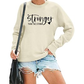 KIDDAD Christian Shirts Women Stronger Than The Storm Sweatshirts Inspirational Pullover Cute Heart Long Sleeve Sayings Tops Apricot