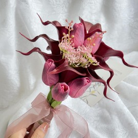 Floral Bouquet 10 Artificial Calla Lilies with 8 Artificial tulip flowers,Bridesmaid Bouquet with Wedding Ceremony Festivals Anniversary Bridal Rehearsal Party Bar Table Decor (dark red)