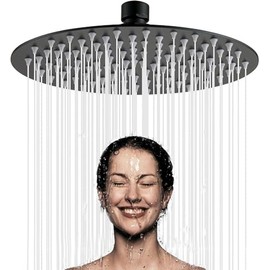 FLYSKY Regadera para Baño de 8 Pulgadas, Regadera Redonda de Acero Inoxidable, Cabeza de Ducha de Lluvia de Alta Presión, Cabezal de Ducha de Lluvia Ultra fina con Montaje Fijo, Ahorro de Agua(Negro)