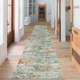 famibay Runner Rugs for Hallway 2x10, Abstract Printed Soft Runner Rug Non Slip Washable Carpet Runner Low Pile Rubber Backed Faux Wool Runners for Hallways(Green/Multi)