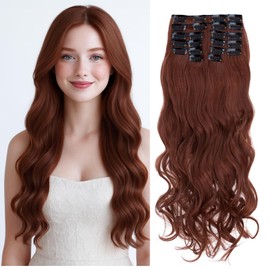 Benehair 22" Clip in Hair Extensions 12 Pcs Long Curly Wave Hair Extensions Clip in Full Head Synthetic Fiber Dark Auburn Hair Piece for Women Girls(Dark Auburn, 180g)