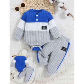 0-3 Months Baby Boy Clothes Newborn Boy Outfit Infant Romper Winter Fall Long Sleeve Button Design Splicing Top Pants 3PC Clothing Set Cute Hat+Overall White Klein Blue