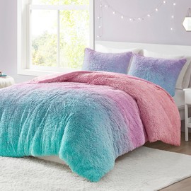 Mi Zone Soft Faux Fur Duvet Cover Set for Girls Bedroom Decor, Trendy Vibrant Ombre Color, Warm Bed Cover, Cozy Comfort Fluffy Bedding with Matching Sham, Twin/Twin XL, Purple Multi 2 Piece