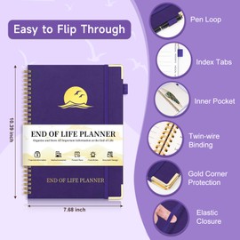 End of Life Planner, Estate Planning Organizer with Tabs for Senior, Spiral Funeral Planning Book with Large Font, Gold Corner Guards & Inner Pocket for Will Preparation, 7.36" x 10.4", Purple
