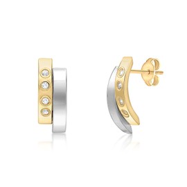 Carissima Gold 2.58.9909 Women's Stud Earrings Cubic Small 2 Band 375 Bi-Colour Zirconia Transparent Round Cut, 9ct Gold, Cubic Zirconia