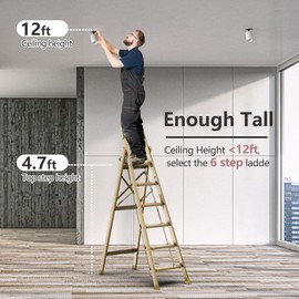 GameGem Lightweight Aluminum 6 Step Ladder for 12 Feet High Ceiling, Folding Step Stool Stepladders with Anti-Slip and Wide Pedal for Home and Kitchen Use Space Saving (Gold)