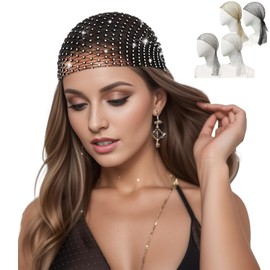 Munyee Hua Turbantes para mujer, moda brillante con diamantes de imitación elástica, bufanda hiyab, gorra de malla de vidrio, sombreros de malla, plateado, Talla única
