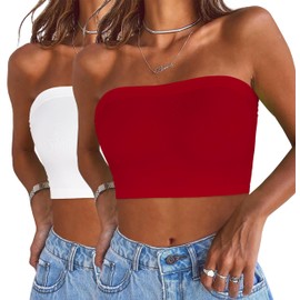 Womens Tube Tops Summer Bandeau Casual Crop Top Going Out Strapless Tank Basic Short Shirt(2 Pieces White,Red,One Size Plus)