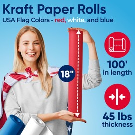 Paclord Kraft Paper Set 18" x 1200" (100 ft) Red, White, and Blue Patriotic Kraft Paper Rolls for Independence Day, Memorial Day, Veterans Day Crafts, and DIY Projects - American Style Gift Wrapping