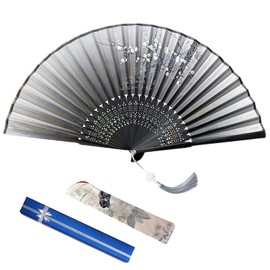 VEGCOO Hand Folding Fan, Silk Fabric Fan Handheld Folding Fan With Lotus Pendent/Silk Fan Bag/Fan Gift Box，Hand Fan for Party Gift Wedding Decoration(Grey)