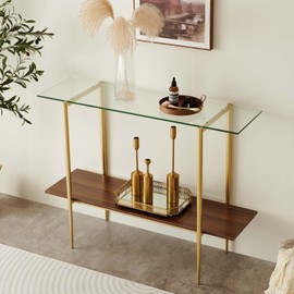 LumFurn Glass Console Table for Living Room, Foyer & Entrance, 2-Tiers Mid-Century Modern Sofa Table with Clear Glass Top, Walnut Finish Wood Top and Gold Finish Metal Frame