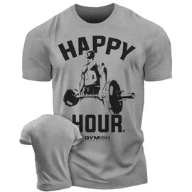 Gymish Lifestyle Happy Hour Deadlift Work Out T-Shirt, Weightlifting Gym Shirts (LG, Happy Hour Grey)