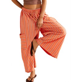 EVALESS Palazzo Pants for Women Trendy 2025 Wide Leg High Waisted Summer Beach Loose Striped Trousers with Pockets Orange XL