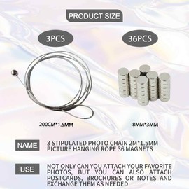 BEROZA Photo Wire Rope Photo Chain 2 m x 1.5 mm Picture Hanging Rope with 36 Button Magnets Photo Wire with Magnets Photo Rope Metal Photo Rope Magnetic Rope Photos Picture Rope for Hanging Photo
