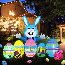 Skylety 8FT Long Easter Inflatables Bunny Inflatable Outdoor Decorations with Colorful Eggs Built-in LED Lights Happy Easter Blow up Yard Decoration for Home Lawn Garden Party Hunt Decoration