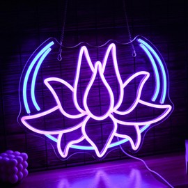 BNEMCEZH Moon Lotus Flower Neon Sign Dimmable Blue Moon Neon Light Sign for Wall Decor USB Power Purple Lotus Led Light Up Sign for Bedroom Yoga Room Game Room Man Cave