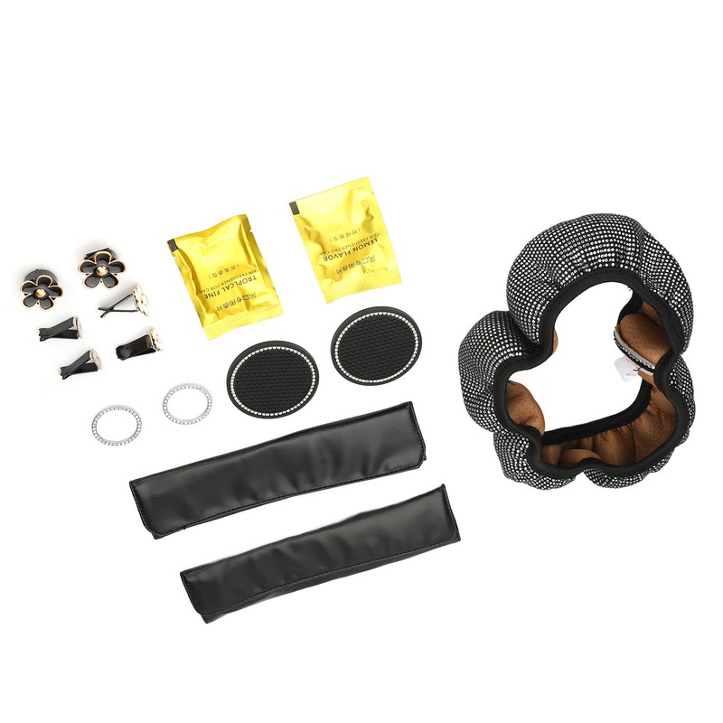 Bling Car Accessories Set Rhinestone Steering Wheel Cover Coaster Starter