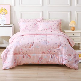Viviland Girls Twin Comforter with Sheet Set - Kids Brushed Microfiber Twin Bedding Set - 5 Pieces Machine Washable Bed in A Bag, Bed Sheet Set, Shams - Pink Unicorn